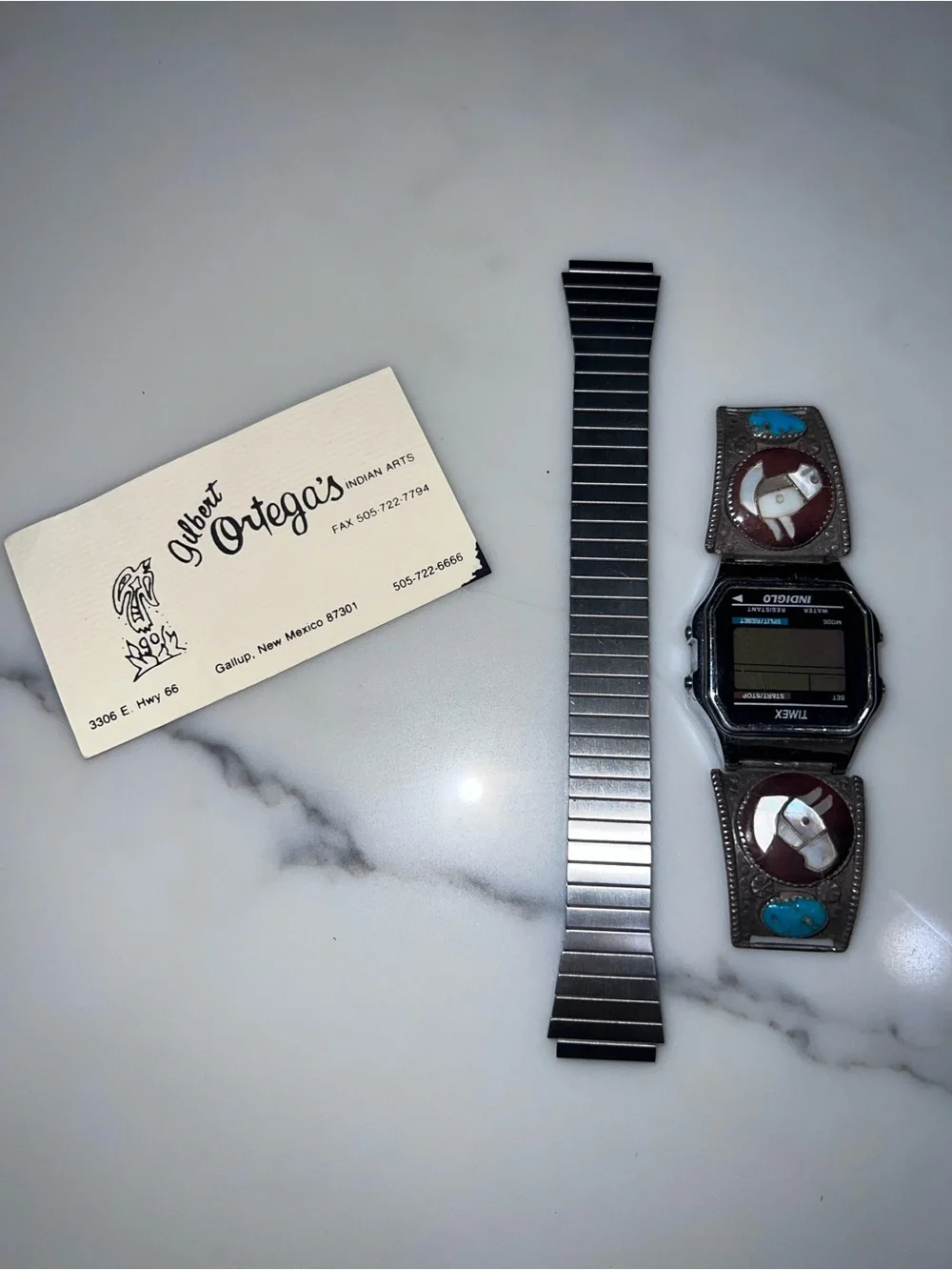 Zuni Native American watch tips with Timex watch